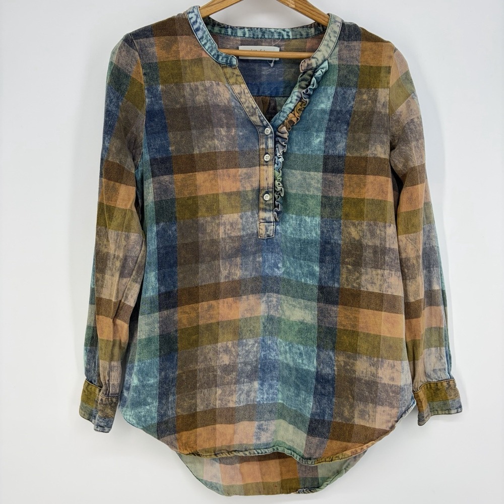 Isabella Sinclair Anthropologie Top S Plaid‎ Tunic V Neck Ranch Country Western